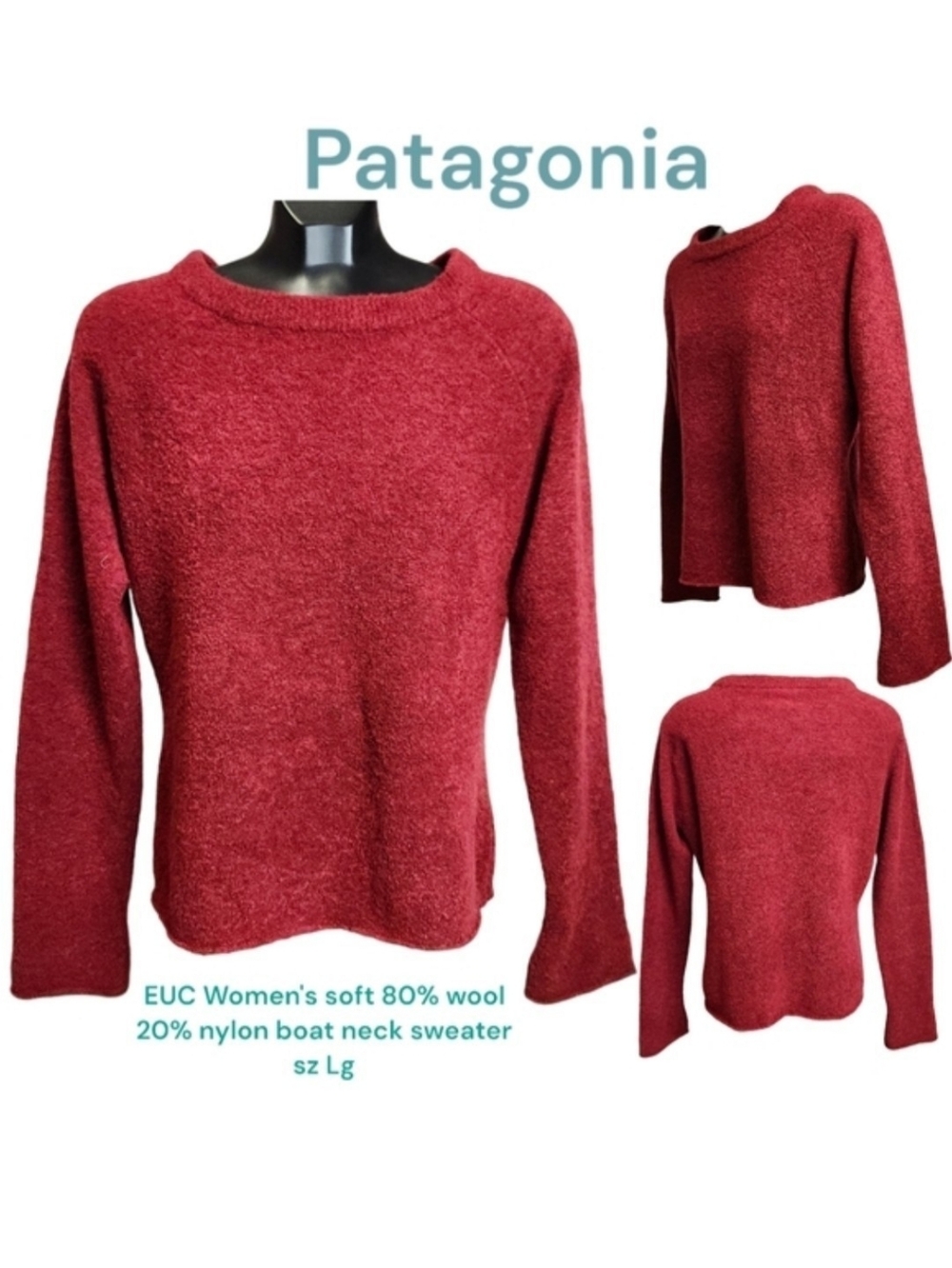 Patagonia Women's wool blend scoop neck sweater burgundy red raw edge L